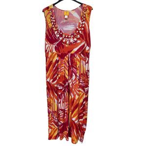Ruby Rd Maxi Dress Womens 1X Orange Red Stretch Scoop Neck Beads Resortwear Boho